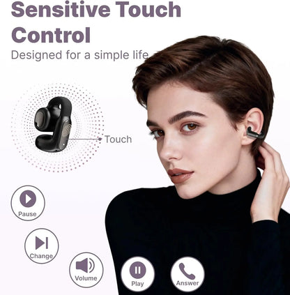 Hmusic A24 Open-Ear Headset - Bluetooth 6.0 TWS Wireless Earbud-Style Open-Ear Clip-On Earphones, AI ENC, IPX5 Water Resistant, Touch Control, Handsfree for Office, Fitness