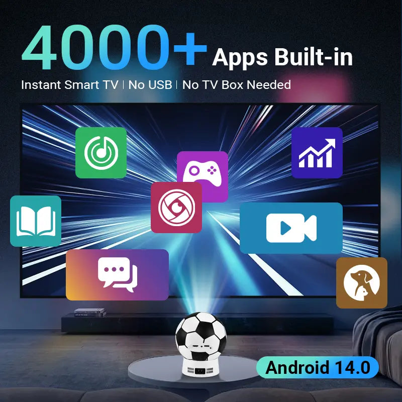 Soccer Shaped 4K Projector, Portable Mini Projector for Outdoor Movies, Home Theater, & Gaming | Android TV, HD Supported, USB/HDMI Compatible | Great Gift for Sports Fans