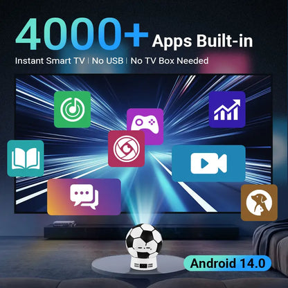 Soccer Shaped 4K Projector, Portable Mini Projector for Outdoor Movies, Home Theater, & Gaming | Android TV, HD Supported, USB/HDMI Compatible | Great Gift for Sports Fans