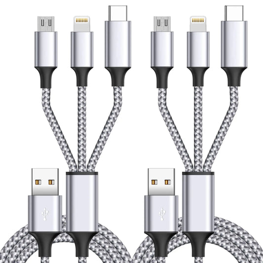 Multi Charging Cable 4FT 3-In-1 Nylon Braided Universal Fast Charging Cord with Type-C, Micro USB & Lightning for Iphone 14/13/12/11/XS, Samsung Galaxy, Android Phones & More, Overcharge Protection, Bendable, Data Transfer Compatible