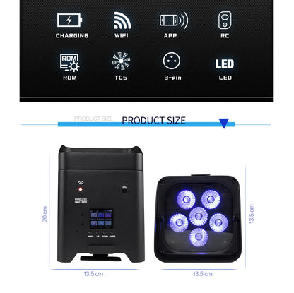 SHEHDS 6X18W Rechargeable Par Lights with Remote, App, and DMX512 Control - RGBWA+UV 6-in-1 Uplighting for Events, Parties, and Weddings - 8800mAh Battery Powered Sound Activated Stage Lighting