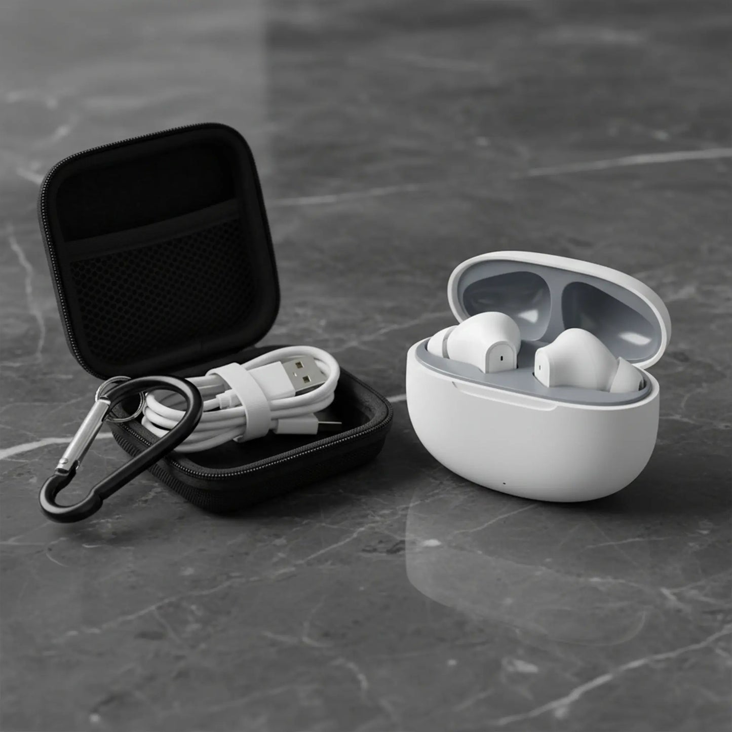 Wireless Noise-Cancelling Bluetooth Earbuds with Durable Charging Audio Accessories, Shockproof Metal Chain Hook Headset Carrying Case with Clips, Electronic Travel Essentials