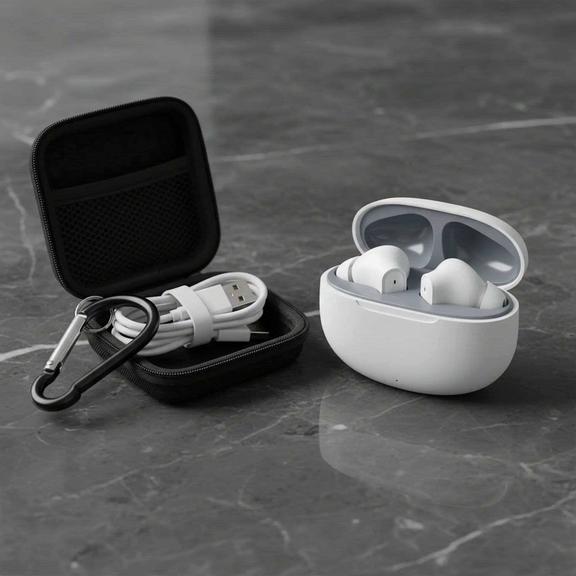 Wireless Noise-Cancelling Bluetooth Earbuds with Durable Charging Audio Accessories, Shockproof Metal Chain Hook Headset Carrying Case with Clips, Electronic Travel Essentials