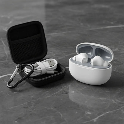 Wireless Noise-Cancelling Bluetooth Earbuds with Durable Charging Audio Accessories, Shockproof Metal Chain Hook Headset Carrying Case with Clips, Electronic Travel Essentials