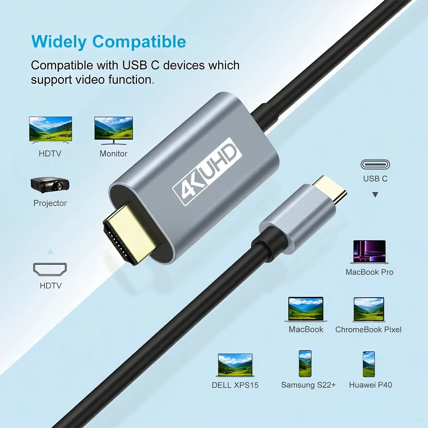 USB 3.1 Type-C to HDTV Adapter Cable, USB-C to HDMI, 4K HD Display, 2M/6.6Ft, Usb-Powered, No Battery, Direct Phone to Tv/Screen/Projector Connection, No Wifi or Software Needed