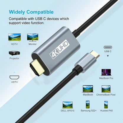 USB 3.1 Type-C to HDTV Adapter Cable, USB-C to HDMI, 4K HD Display, 2M/6.6Ft, Usb-Powered, No Battery, Direct Phone to Tv/Screen/Projector Connection, No Wifi or Software Needed