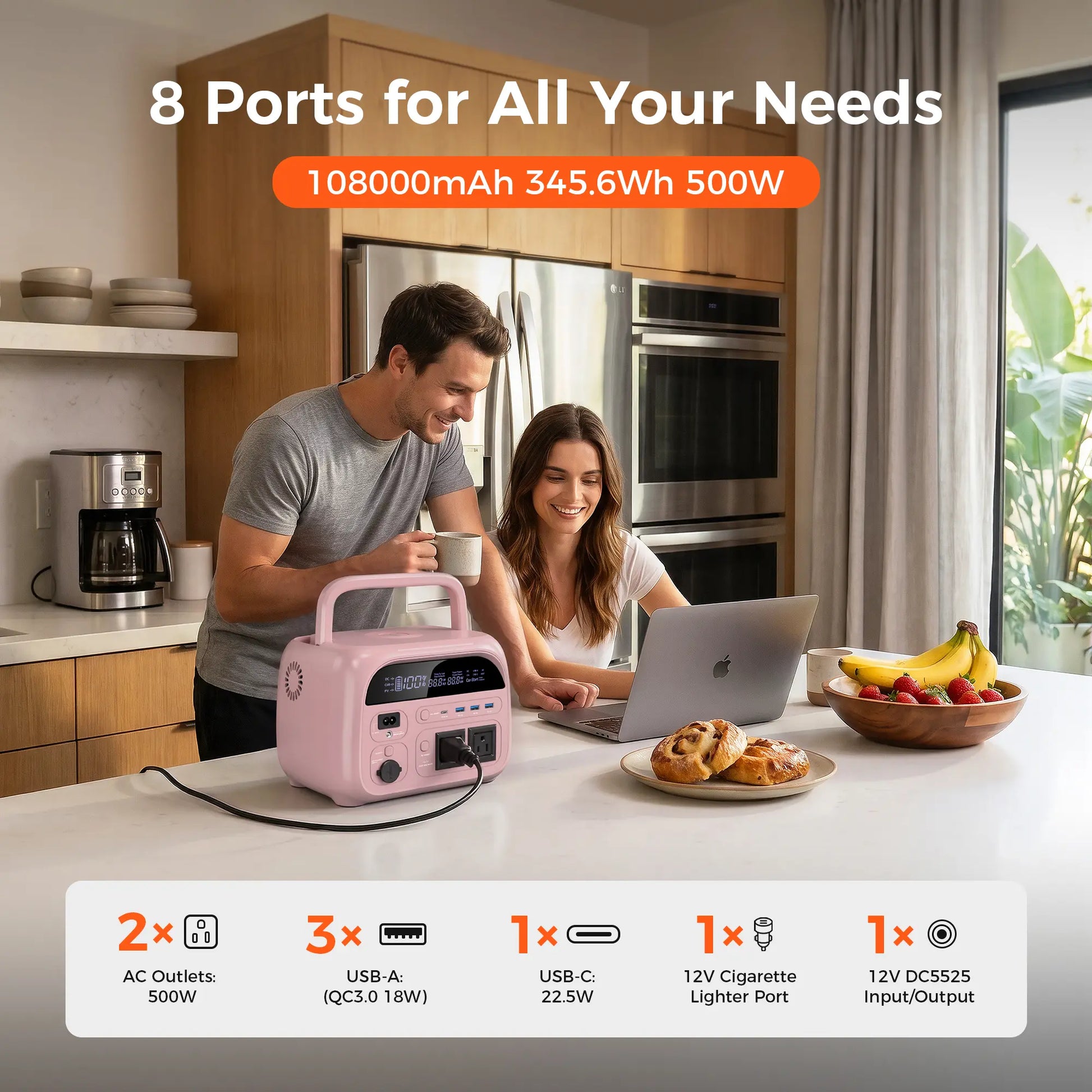[Summerfinds]Ctolity AP400 Soft Pink 500W 346Wh Portable Power Station Solar Generator - Fast-Charging Backup Battery for Home Emergencies, Camping, Phone Power Needs