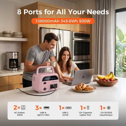 [Summerfinds]Ctolity AP400 Soft Pink 500W 346Wh Portable Power Station Solar Generator - Fast-Charging Backup Battery for Home Emergencies, Camping, Phone Power Needs