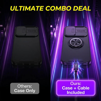 Iphone Case and Data Cable for Iphone 17 16 15 14 13 12 with Slide Camera Lens Protection Cover,360 Rotating Ring Kickstand Holder Military Grade Shockproof Protective Phone Cover