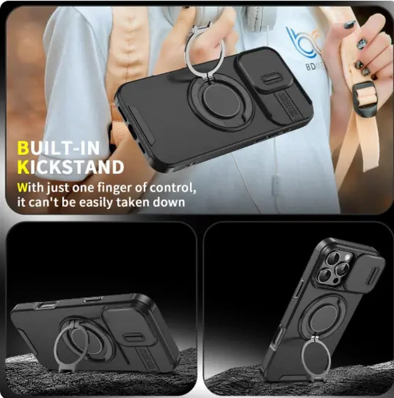 Iphone Case and Data Cable for Iphone 17 16 15 14 13 12 with Slide Camera Lens Protection Cover,360 Rotating Ring Kickstand Holder Military Grade Shockproof Protective Phone Cover