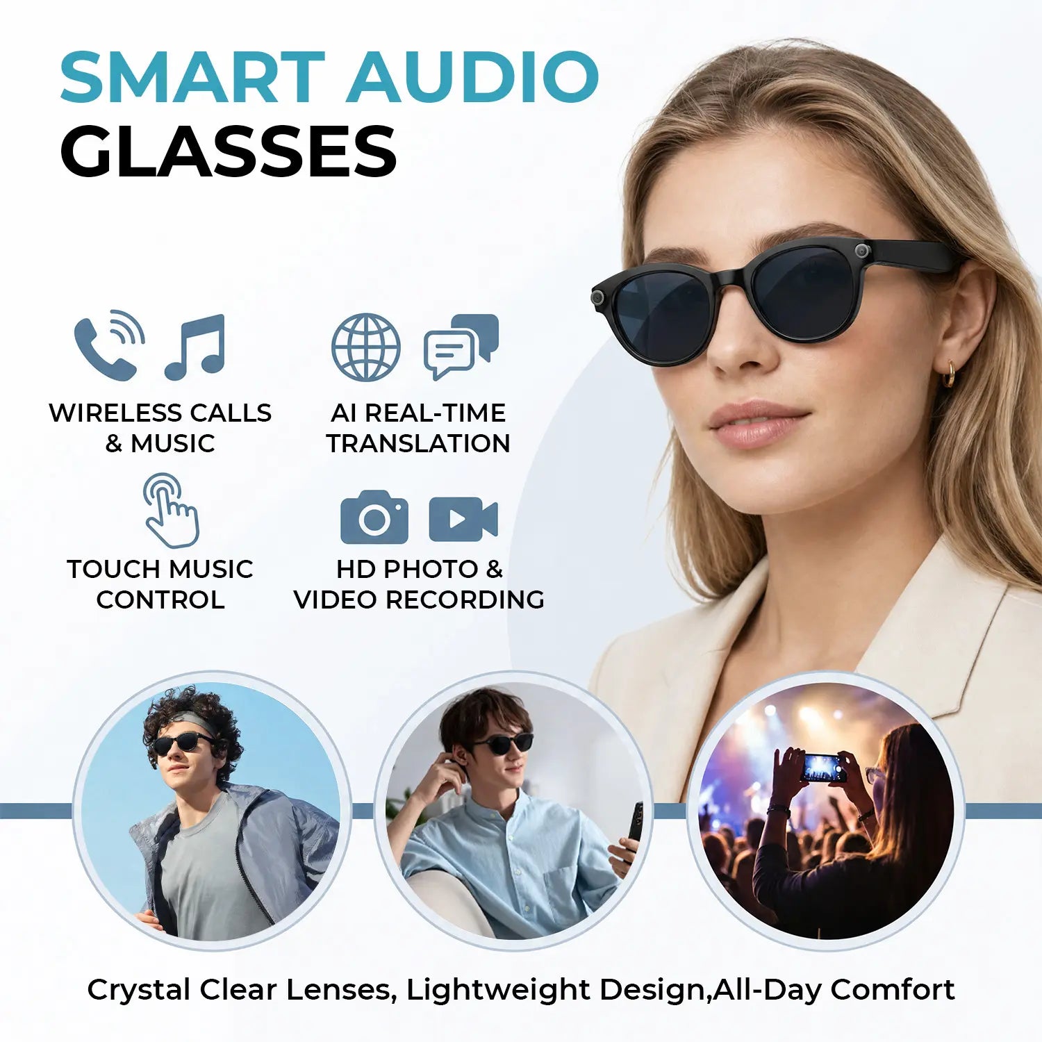 800W HD Camera Smart Sport Glasses, AI Smart Glasses，Photo/Video/Recording (Light on When Recording), Remote Shutter Controlai Voice Assistant, Object Recognition, Bluetooth Music Control & Call, Multilingual Translation, Lightweight Wear, Meta Glasses