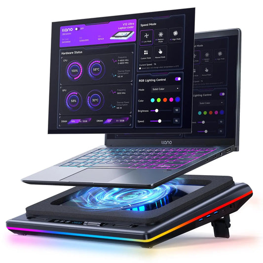 Dealsforyoudays Llano V12 Ultra Laptop Cooling Pad with Smart Software Control, RGB Gaming Laptop Fan Cooler Stand, 5.5" Turbo Fan, Adjustable Speed, 3*USB 3.0 Ports, 3 Height Stands, for 15.6"-21" Laptops