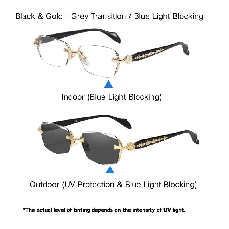 Unisex Metal Frame Blue Light Blocking Glasses with Auto-Darkening Photochromic UV Protection Lenses, Decorative Diamond Edges, and Durable Rimless Design - High-Quality Eyewear for Any Occasion