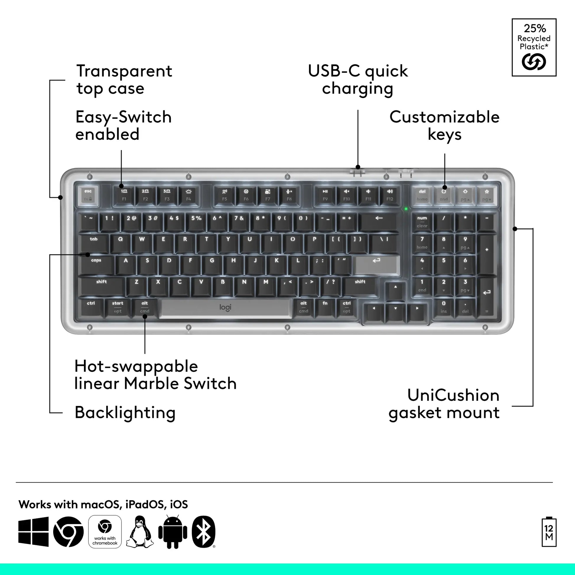 Logitech Alto Keys K98M Full-Sized Durable Multi-Device Bluetooth Mechanical Keyboard, Customizable Switches, Vibration-Absorbing Gasket, Illuminated Backlit Keys, USB-C Charging, for PC, Mac Laptops, Bluetooth Keyboards, Full-Sized Mechanical Keyboards