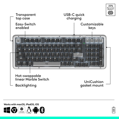 Logitech Alto Keys K98M Full-Sized Durable Multi-Device Bluetooth Mechanical Keyboard, Customizable Switches, Vibration-Absorbing Gasket, Illuminated Backlit Keys, USB-C Charging, for PC, Mac Laptops, Bluetooth Keyboards, Full-Sized Mechanical Keyboards