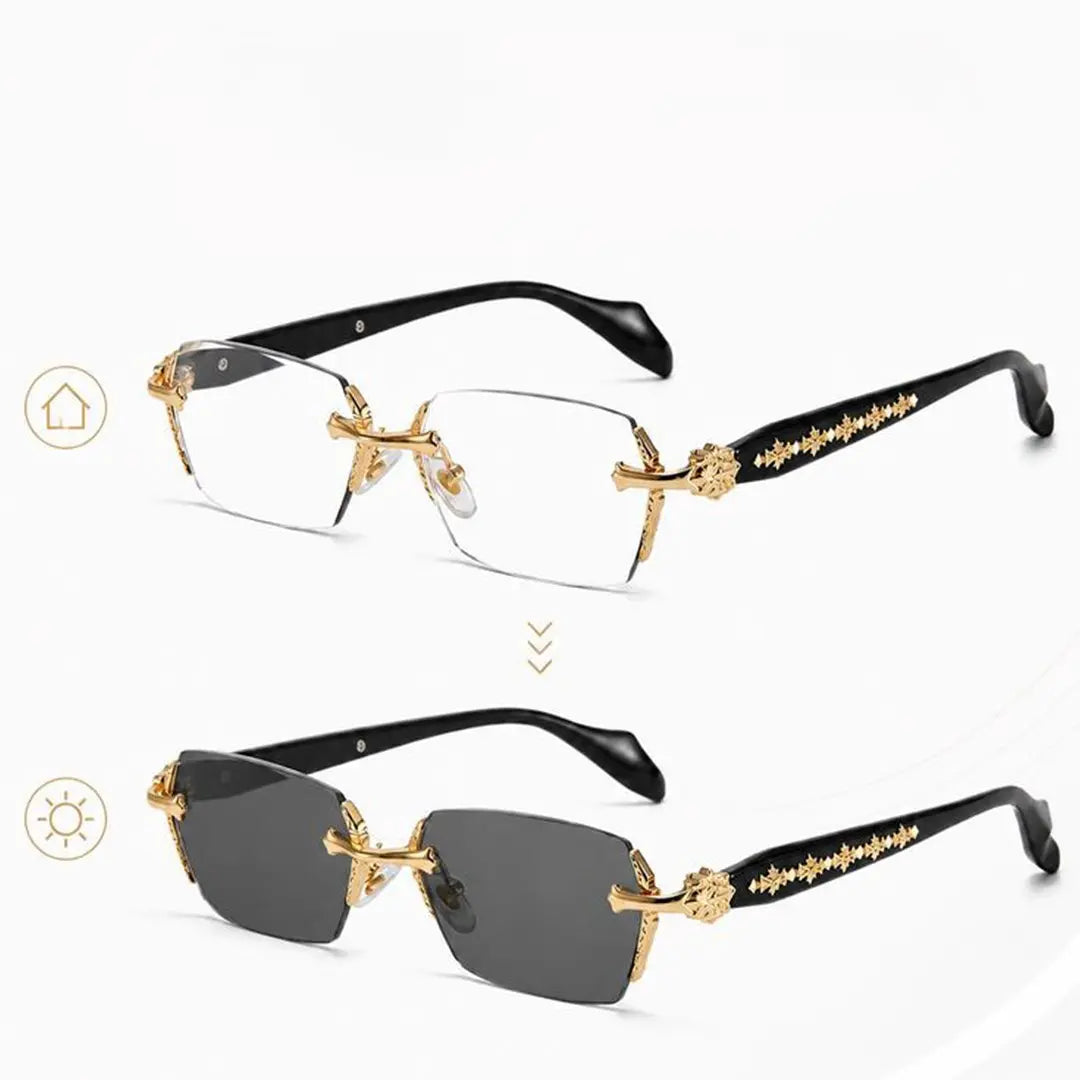 Unisex Metal Frame Blue Light Blocking Glasses with Auto-Darkening Photochromic UV Protection Lenses, Decorative Diamond Edges, and Durable Rimless Design - High-Quality Eyewear for Any Occasion
