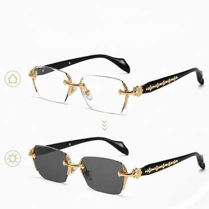 Unisex Metal Frame Blue Light Blocking Glasses with Auto-Darkening Photochromic UV Protection Lenses, Decorative Diamond Edges, and Durable Rimless Design - High-Quality Eyewear for Any Occasion