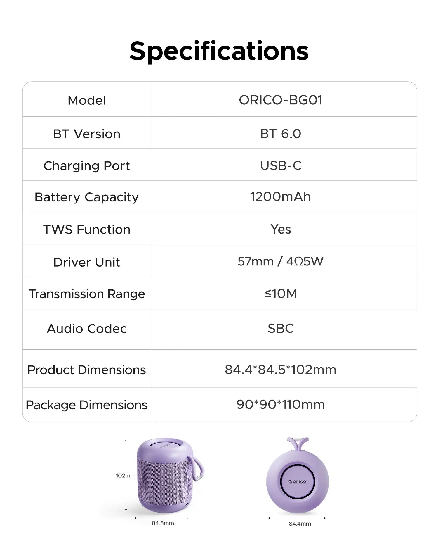 ORICO Portable Bluetooth Speaker, 27H Playtime, TWS Pairing, IPX5, Wireless, Small | Bluetooth 6.0, Hifi Sound, Wireless Speaker for Home, Outdoor, Camping and Travel - BG01