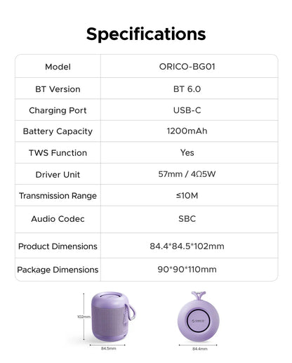 ORICO Portable Bluetooth Speaker, 27H Playtime, TWS Pairing, IPX5, Wireless, Small | Bluetooth 6.0, Hifi Sound, Wireless Speaker for Home, Outdoor, Camping and Travel - BG01