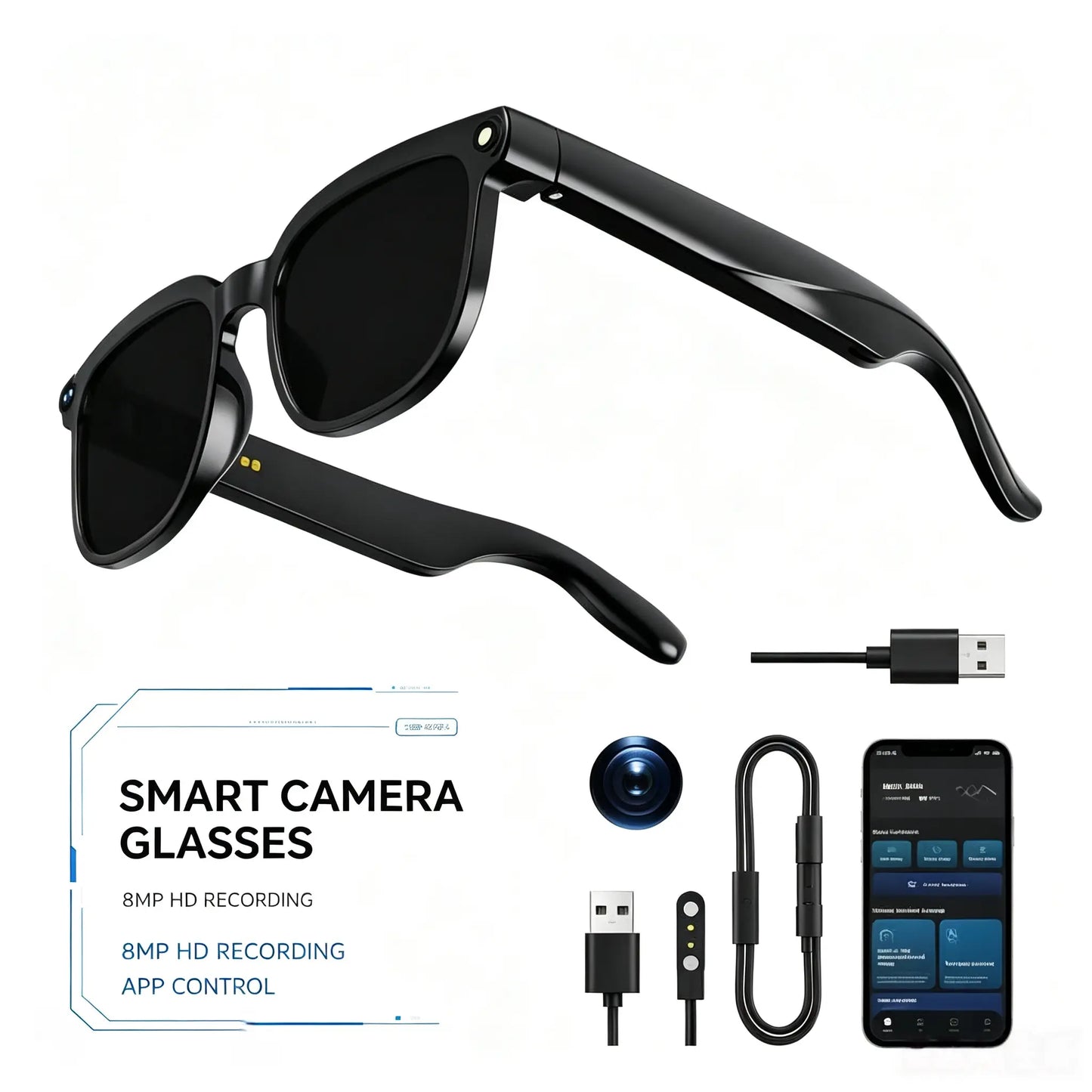 Smart Camera Glasses 8MP HD Sensor 1080P Video Recording Waterproof Touch Adjustment Clear Calls AI Voice Control 7H Battery Life Wear Detection WIFI Transfer POV Hands-Free Eyeglasses for Sports Travel