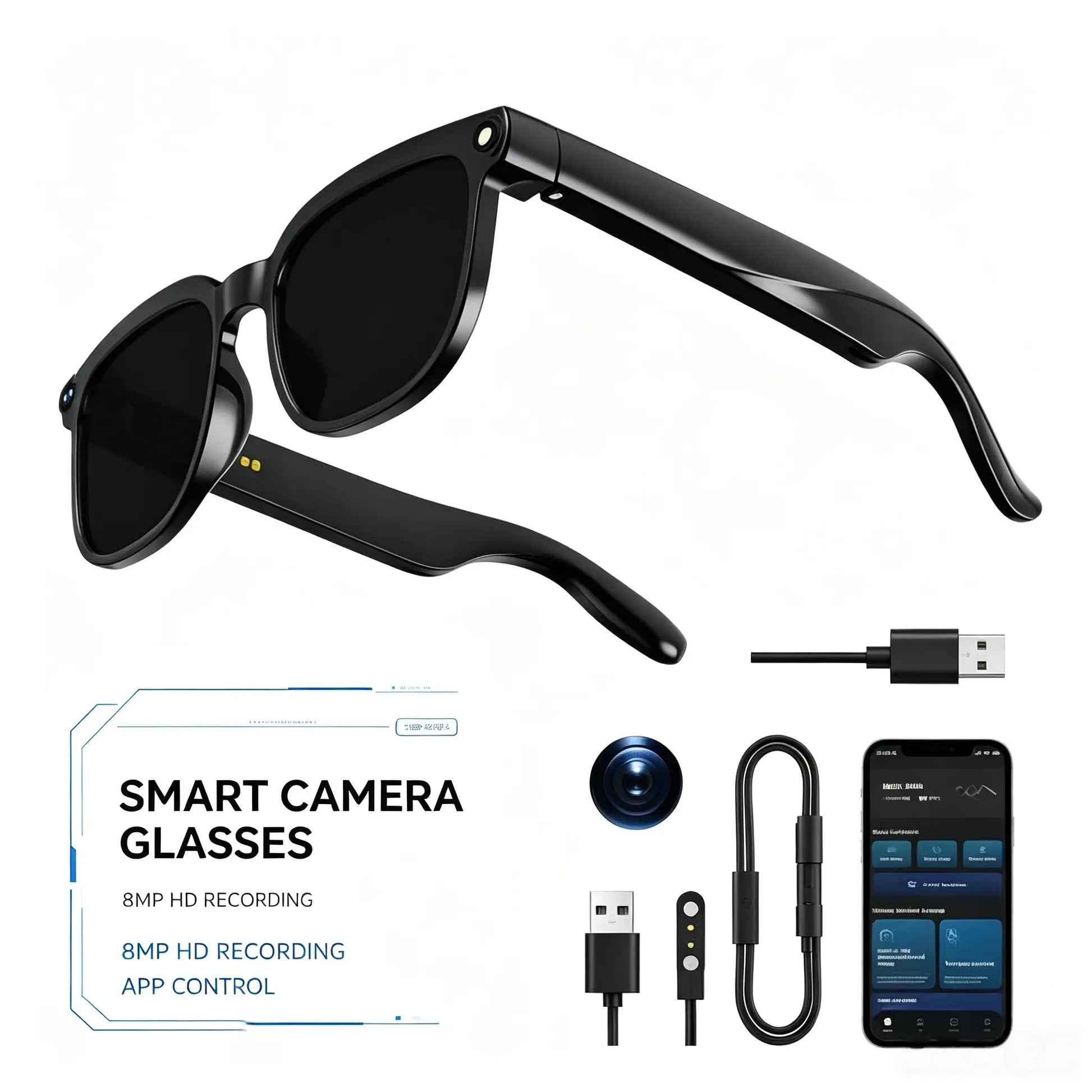 Smart Camera Glasses 8MP HD Sensor 1080P Video Recording Waterproof Touch Adjustment Clear Calls AI Voice Control 7H Battery Life Wear Detection WIFI Transfer POV Hands-Free Eyeglasses for Sports Travel