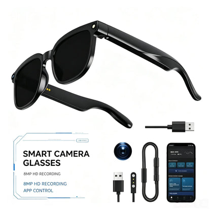 Smart Camera Glasses 8MP HD Sensor 1080P Video Recording Waterproof Touch Adjustment Clear Calls AI Voice Control 7H Battery Life Wear Detection WIFI Transfer POV Hands-Free Eyeglasses for Sports Travel