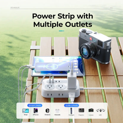 ORICO OG Series 10-In-1 Multifunctional Power Strip, 6 AC Outlets, 2 USB-A & 2 USB-C Ports, Compact Surge Protector, 1.5M/3M Cable Length Options, with 10-Year International Warranty for Home Office & Travel--Og15