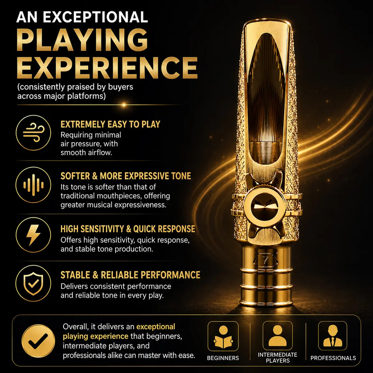 Metal Jazz Tenor Saxophone Mouthpiece -Music Accessories, Warm Deep Vibrant Tone, Intricately Carved Patterns Cover the Entire Body， Ideal for Beginners in Concert Band, Jazz Band and Marching Band