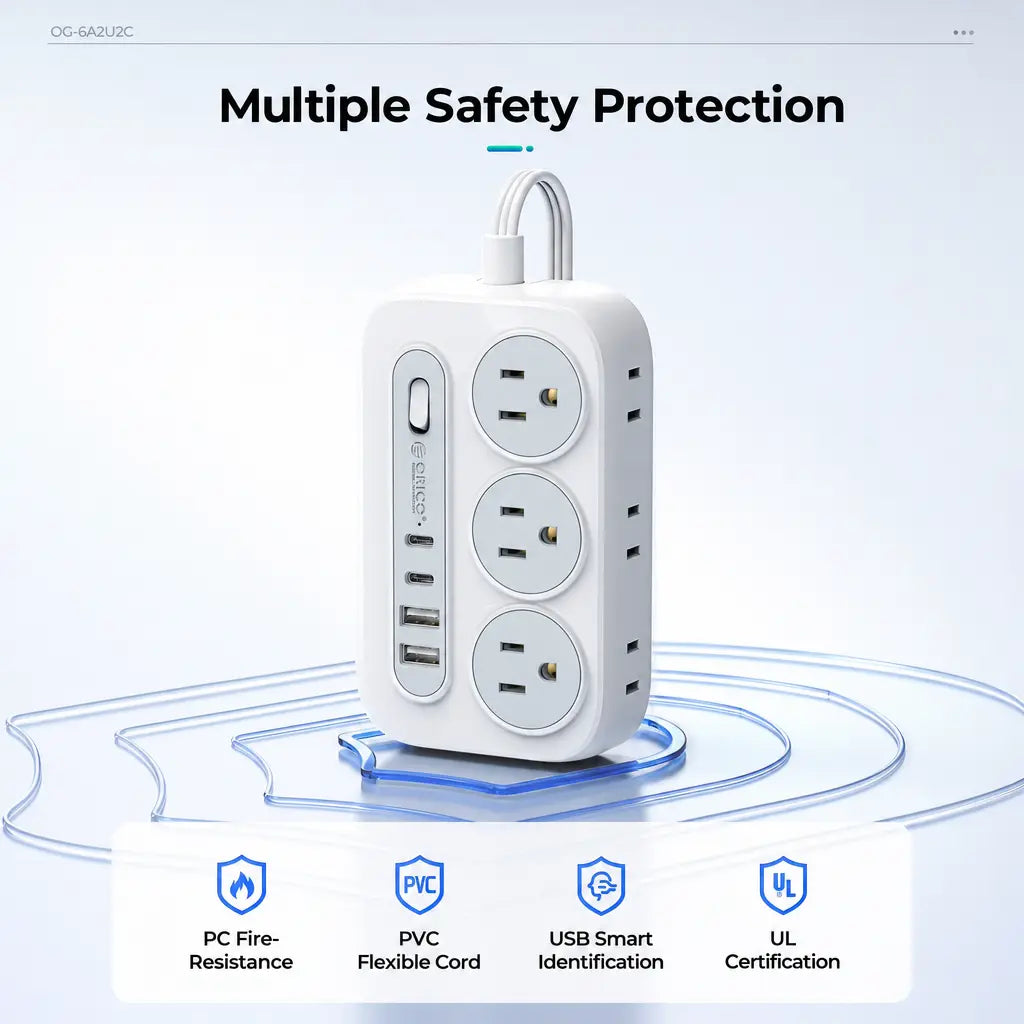 ORICO OG Series 10-In-1 Multifunctional Power Strip, 6 AC Outlets, 2 USB-A & 2 USB-C Ports, Compact Surge Protector, 1.5M/3M Cable Length Options, with 10-Year International Warranty for Home Office & Travel--Og15