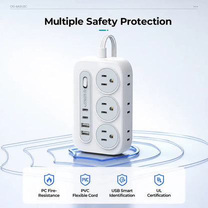 ORICO OG Series 10-In-1 Multifunctional Power Strip, 6 AC Outlets, 2 USB-A & 2 USB-C Ports, Compact Surge Protector, 1.5M/3M Cable Length Options, with 10-Year International Warranty for Home Office & Travel--Og15