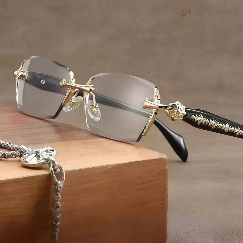 Unisex Metal Frame Blue Light Blocking Glasses with Auto-Darkening Photochromic UV Protection Lenses, Decorative Diamond Edges, and Durable Rimless Design - High-Quality Eyewear for Any Occasion