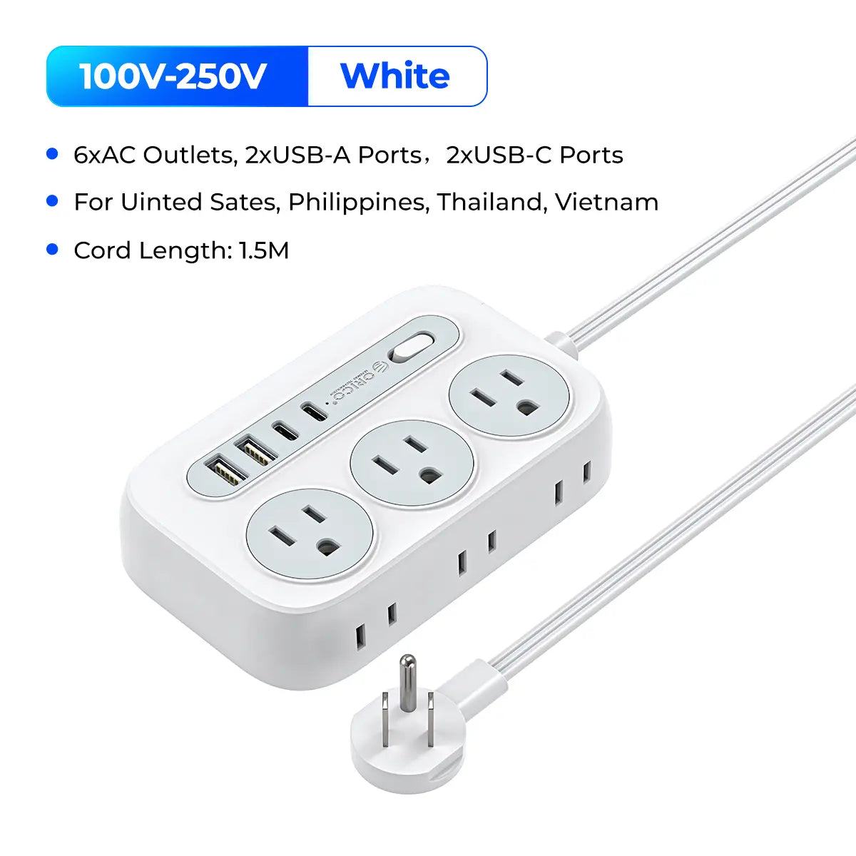 ORICO OG Series 10-In-1 Multifunctional Power Strip, 6 AC Outlets, 2 USB-A & 2 USB-C Ports, Compact Surge Protector, 1.5M/3M Cable Length Options, with 10-Year International Warranty for Home Office & Travel--Og15