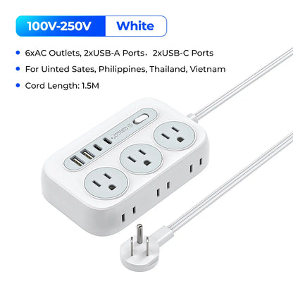 ORICO OG Series 10-In-1 Multifunctional Power Strip, 6 AC Outlets, 2 USB-A & 2 USB-C Ports, Compact Surge Protector, 1.5M/3M Cable Length Options, with 10-Year International Warranty for Home Office & Travel--Og15